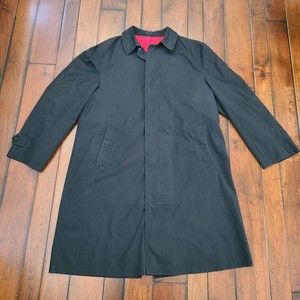 VTG London Fog Maincoats Black Trench Coat Calibere Cloth Reeves Men's 42 Long